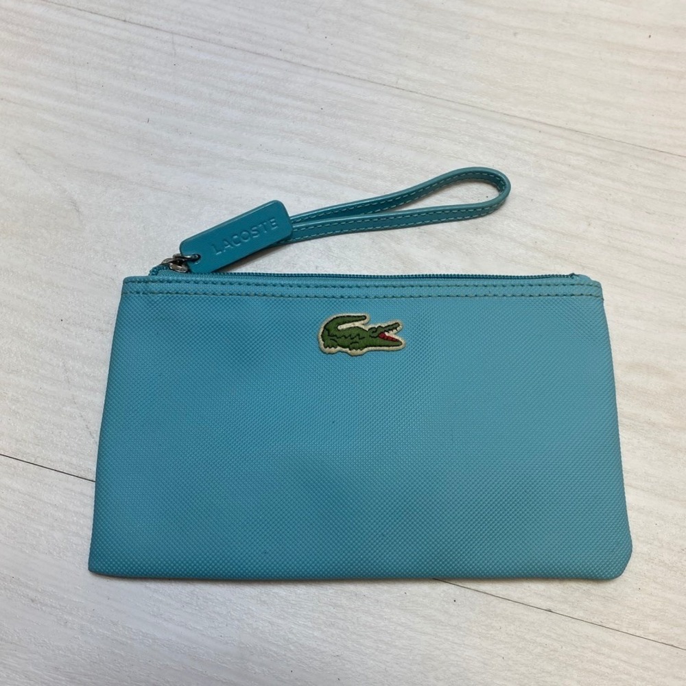 Lacoste Turquoise Blue Textured PVC Wristlet Pouch Zip Clutch‎ Bag
